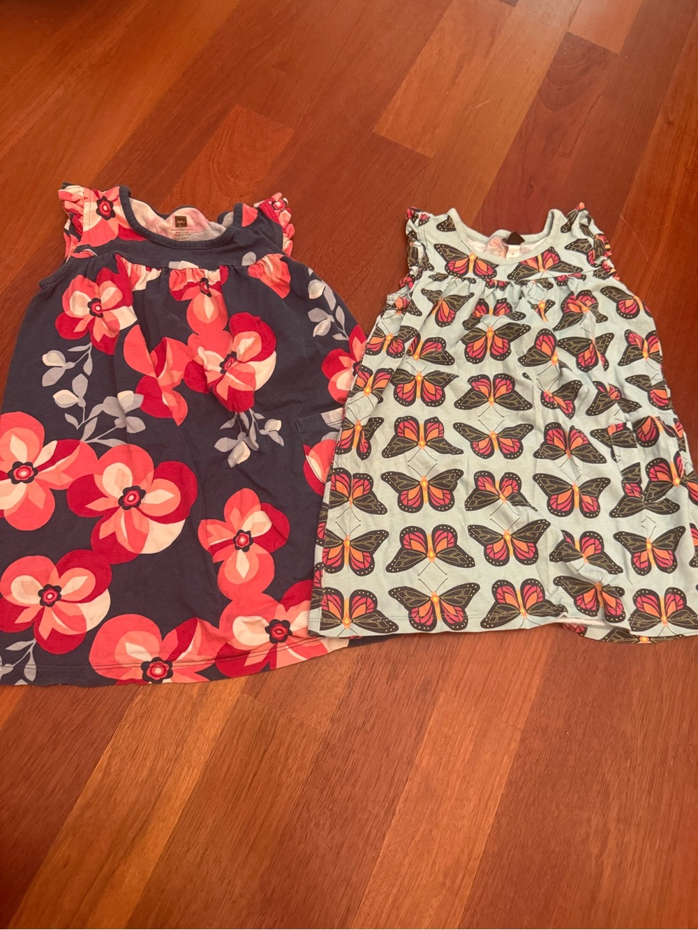 Tea Girls Floral & Butterfly Sleeveless Dresses - Navy & Light teal
